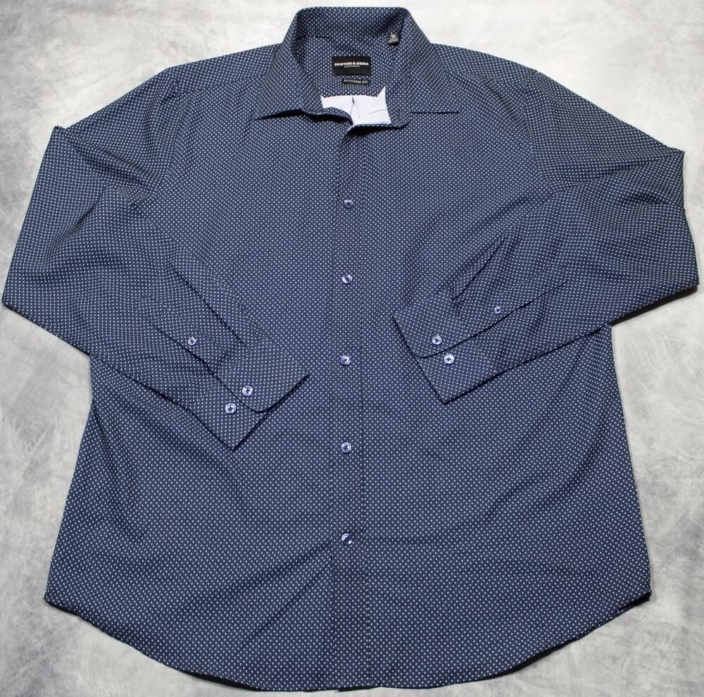 Scotch & Soda Shirt Mens 18 2XL Blue Geometric Modern Fit Stretch Long Sleeve